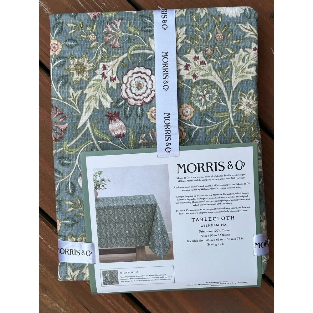 MORRIS & Co WILHELMINA Tablecloth 70 X 90 in GREEN Floral Printed 100% Cotton